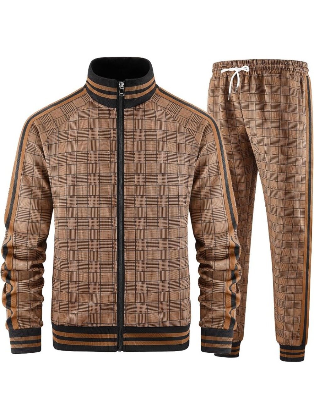 Men's 2 Piece Set Brown Slant Pocket Long Sleeve Zipper Track Jackets Pants